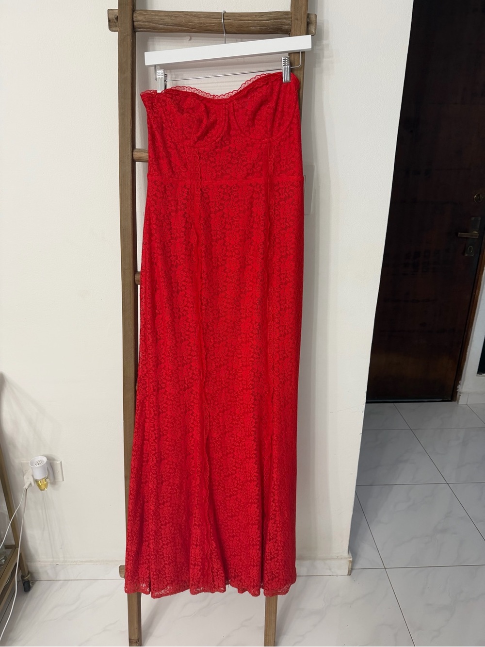 MAJORELLE Strapless Red Lace Maxi Gown